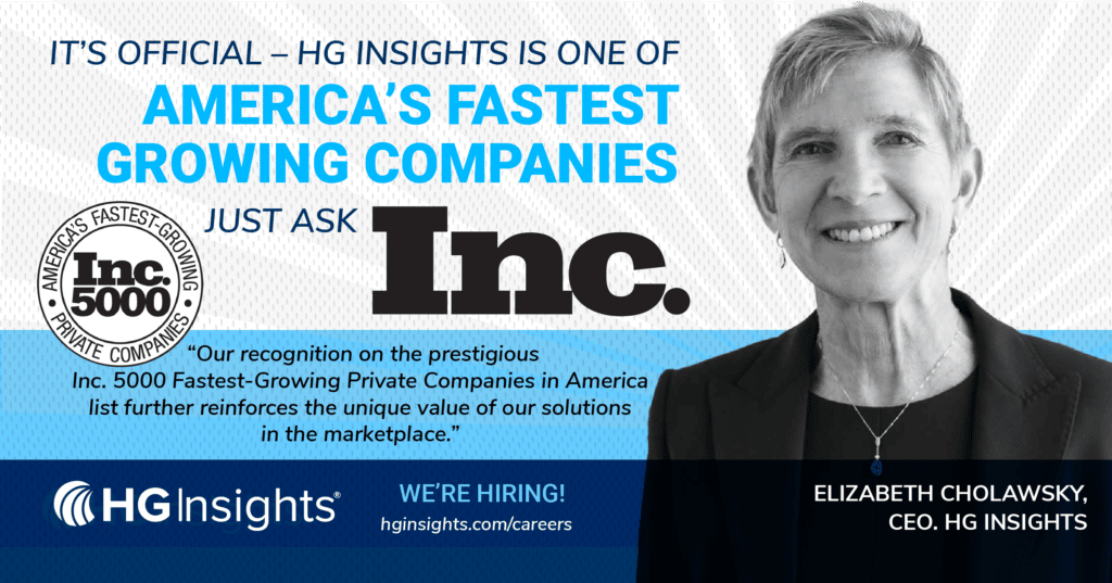 HG Insights, the global leader in technology intelligence for IT vendors, announced its inclusion in the Inc. 5000 Fastest-Growing Private Companies in America list. The award recognizes the top 1% of privately held companies in the nation and provides a unique look at the most successful companies within their markets. HG’s commitment to customers—by helping to accurately size markets, efficiently allocate resources, target the right prospects, prioritize the right accounts, and increase revenue—has helped the company rise to the top of their highly competitive industry.