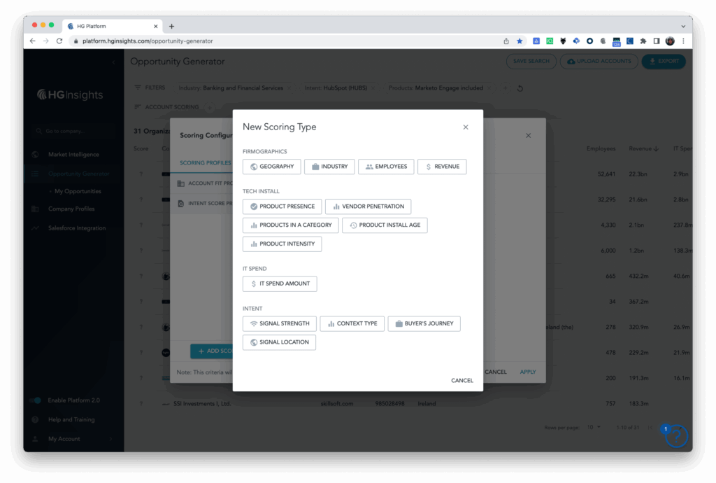 A view of HG’s granular account scoring attributes, which allow you to capture the nuances within install, spend, and intent data to arrive at well-prioritized account lists, where the highest propensity accounts rise to the top.
