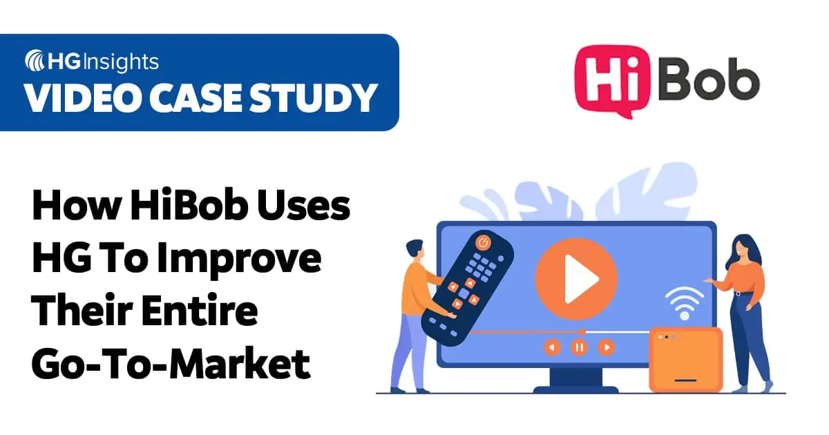 HG Insights video case study graphic titled "How HiBob Uses HG To Improve Their Entire Go-To-Market," featuring the HiBob logo and an illustration of two people interacting with a large screen displaying a video play button.