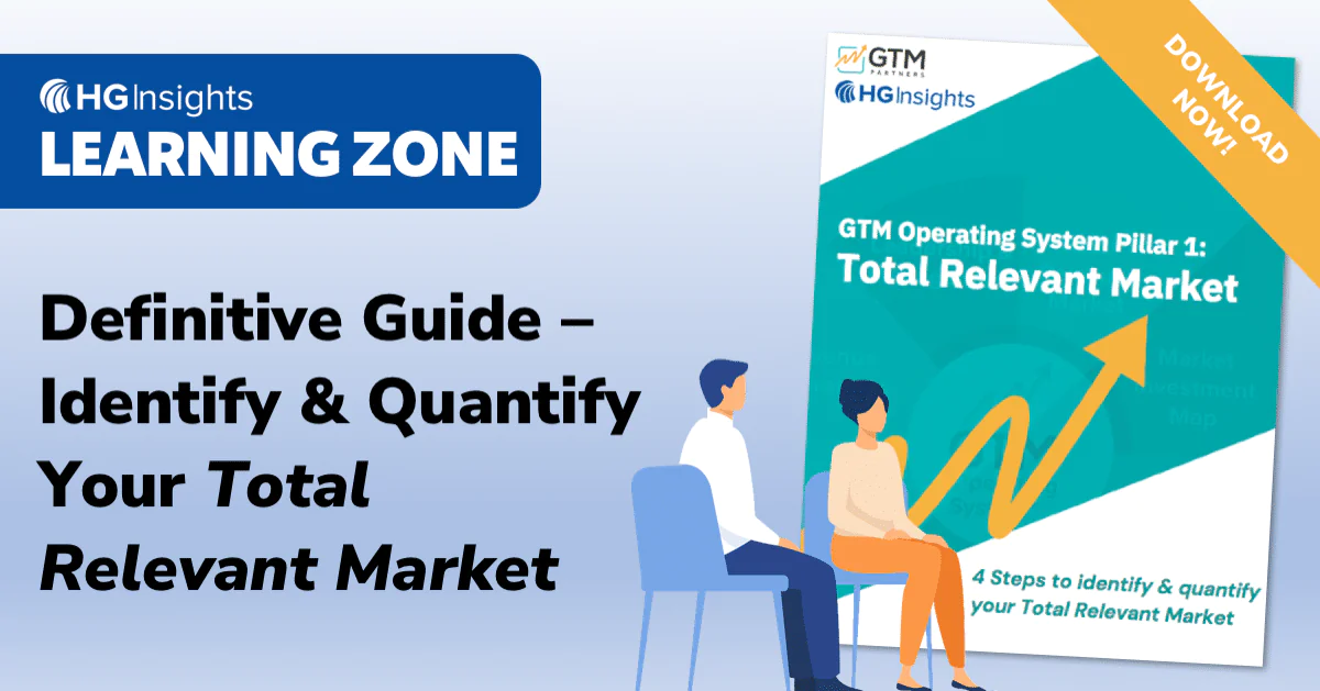 HG Insights Learning Zone promotional graphic titled "Definitive Guide – Identify & Quantify Your Total Relevant Market," featuring a preview of the downloadable guide "GTM Operating System Pillar 1: Total Relevant Market" co-branded with GTM Partners, with an illustration of two people in conversation and a "Download Now" banner.