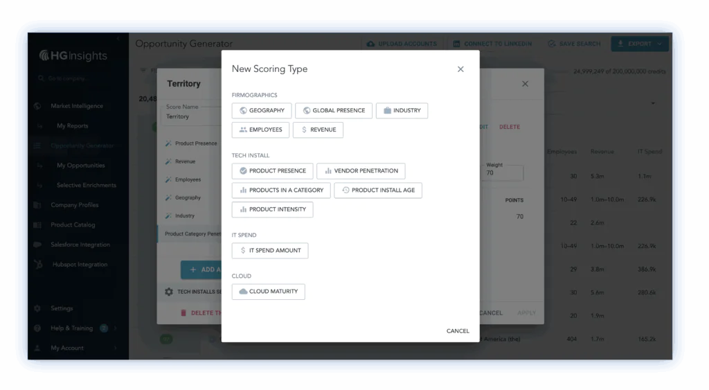 HG Insights firmographic and technographic territory filter settings interface