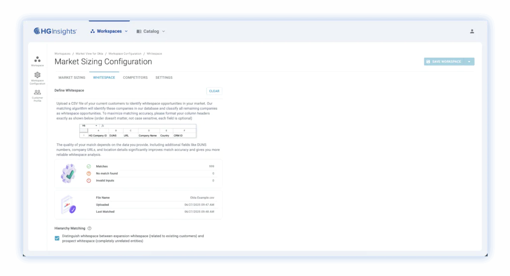 HG Insights automatic company matching against 20M+ database
