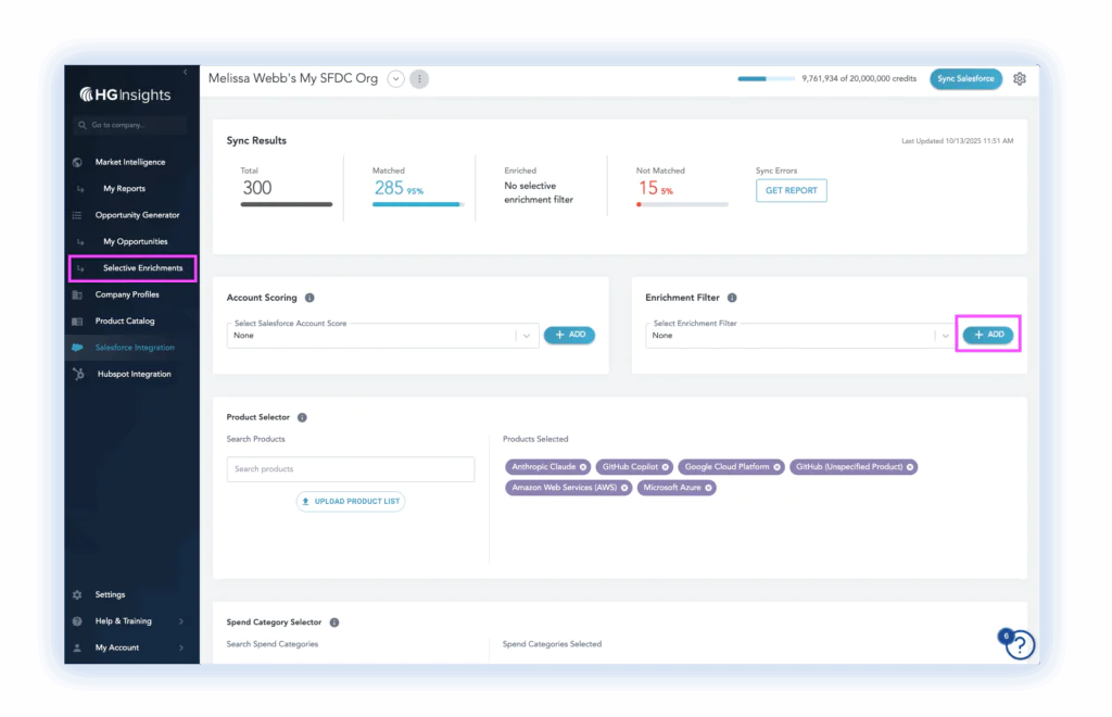 HG Insights RGI Fabric enrichment filter configuration in Salesforce showing account matching rules