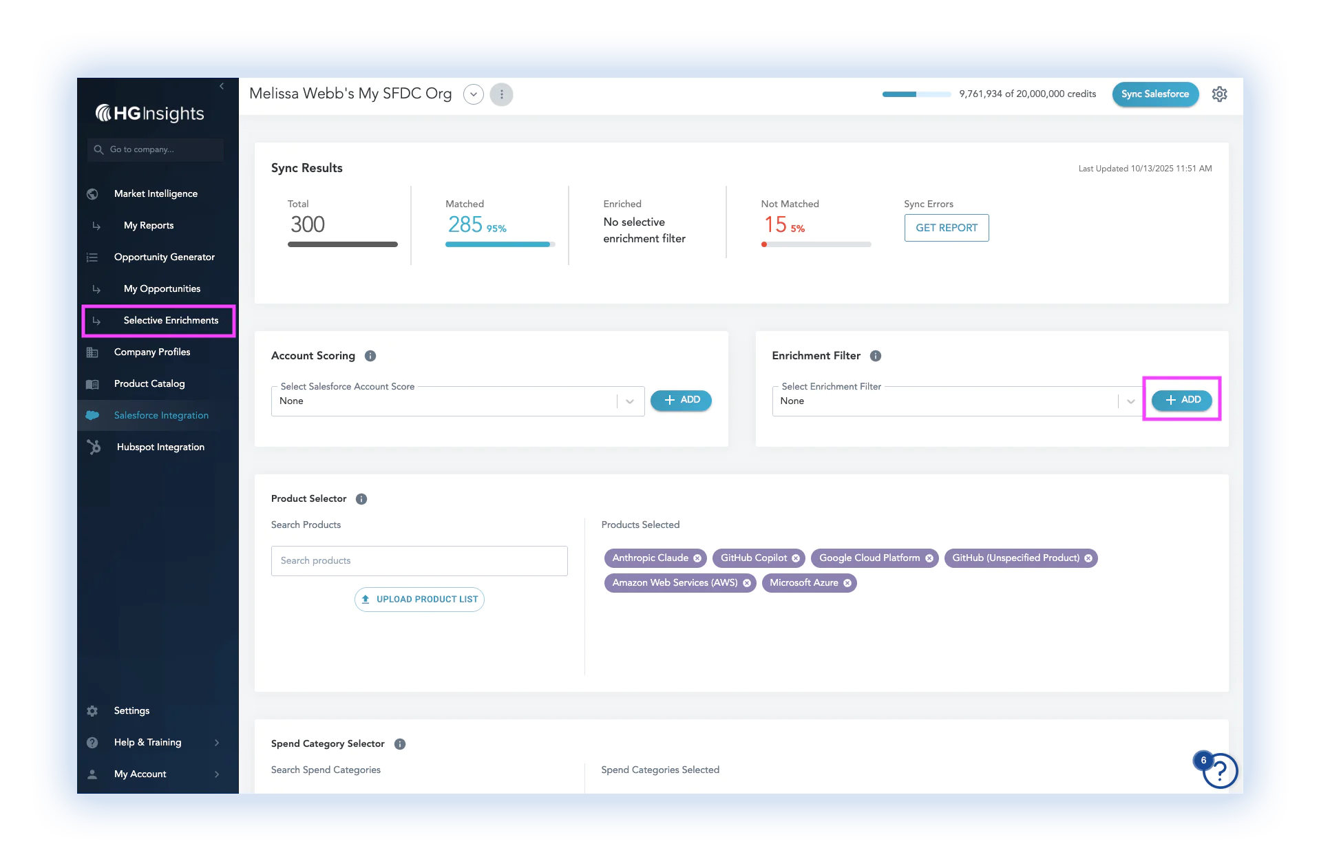 HG Insights RGI Fabric enrichment filter configuration in Salesforce showing account matching rules