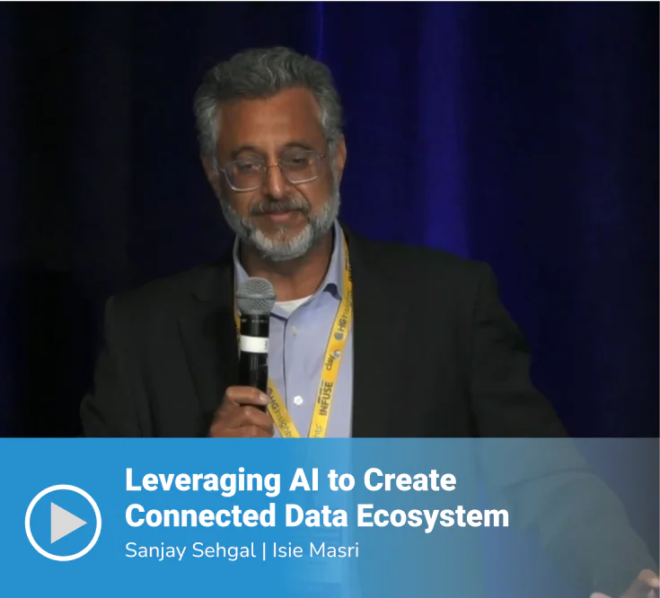Video thumbnail of a session titled "Leveraging AI to Create Connected Data Ecosystem" featuring speakers Sanjay Sehgal and Isie Masri, with Sanjay speaking on stage holding a microphone against a dark backdrop.