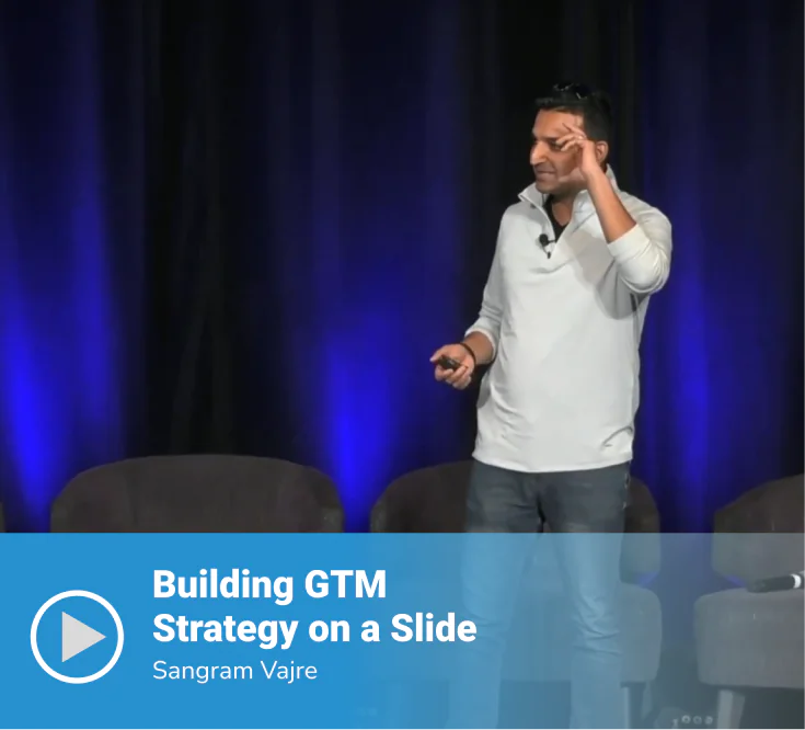 Video thumbnail of a session titled "Building GTM Strategy on a Slide" featuring speaker Sangram Vajre presenting on stage in a white shirt, gesturing expressively against a dark blue-lit backdrop.