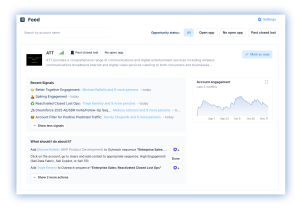 Sales intelligence feed dashboard displaying account insights for ATT, including recent engagement signals, opportunity status filters, recommended actions, and account engagement trend graph.