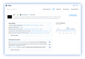 Sales intelligence feed dashboard displaying account insights for ATT, including recent engagement signals, opportunity status filters, recommended actions, and account engagement trend graph.