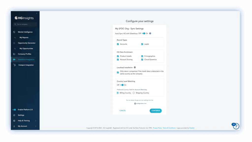 Choose how you want HG Insights data fields to be synchronized with your CRM.​