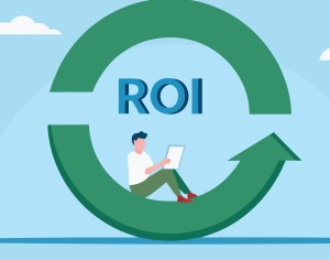 Return on investment concept man on roi arrow