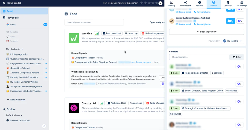 HG Insights Sales Copilot displaying Smart Contact Enrichment with AI-recommended verified contacts for B2B account targeting