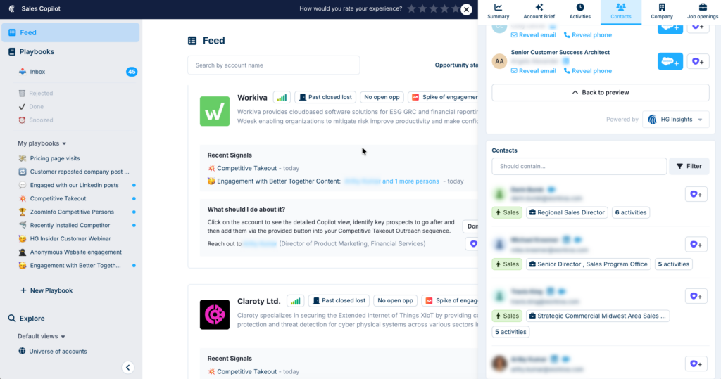 HG Insights Sales Copilot showing AI-recommended contacts with verified emails and phone numbers for B2B contact enrichment
