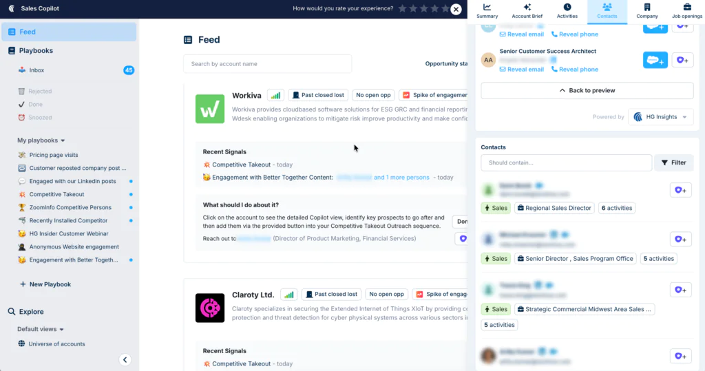 HG Insights Sales Copilot showing AI-recommended contacts with verified emails and phone numbers for B2B contact enrichment