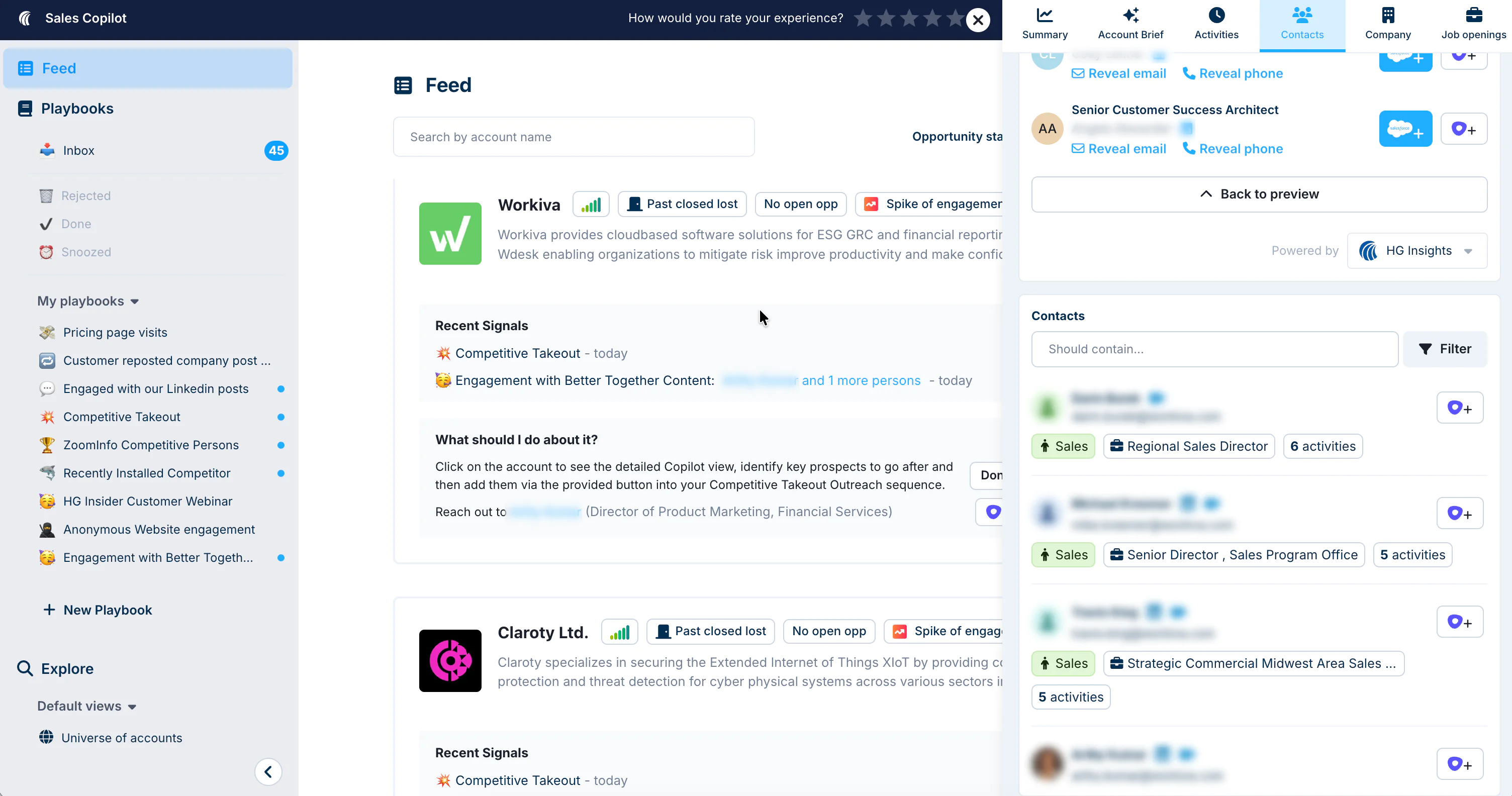 HG Insights Sales Copilot showing AI-recommended contacts with verified emails and phone numbers for B2B contact enrichment