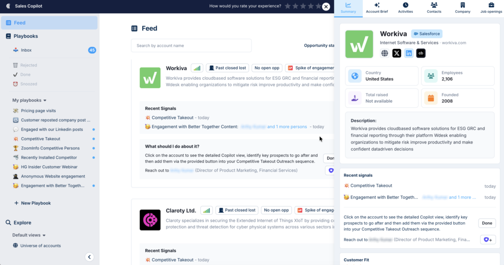 HG Insights Sales Copilot account targeting using technographic installs and buyer intent signals for smart contact enrichment