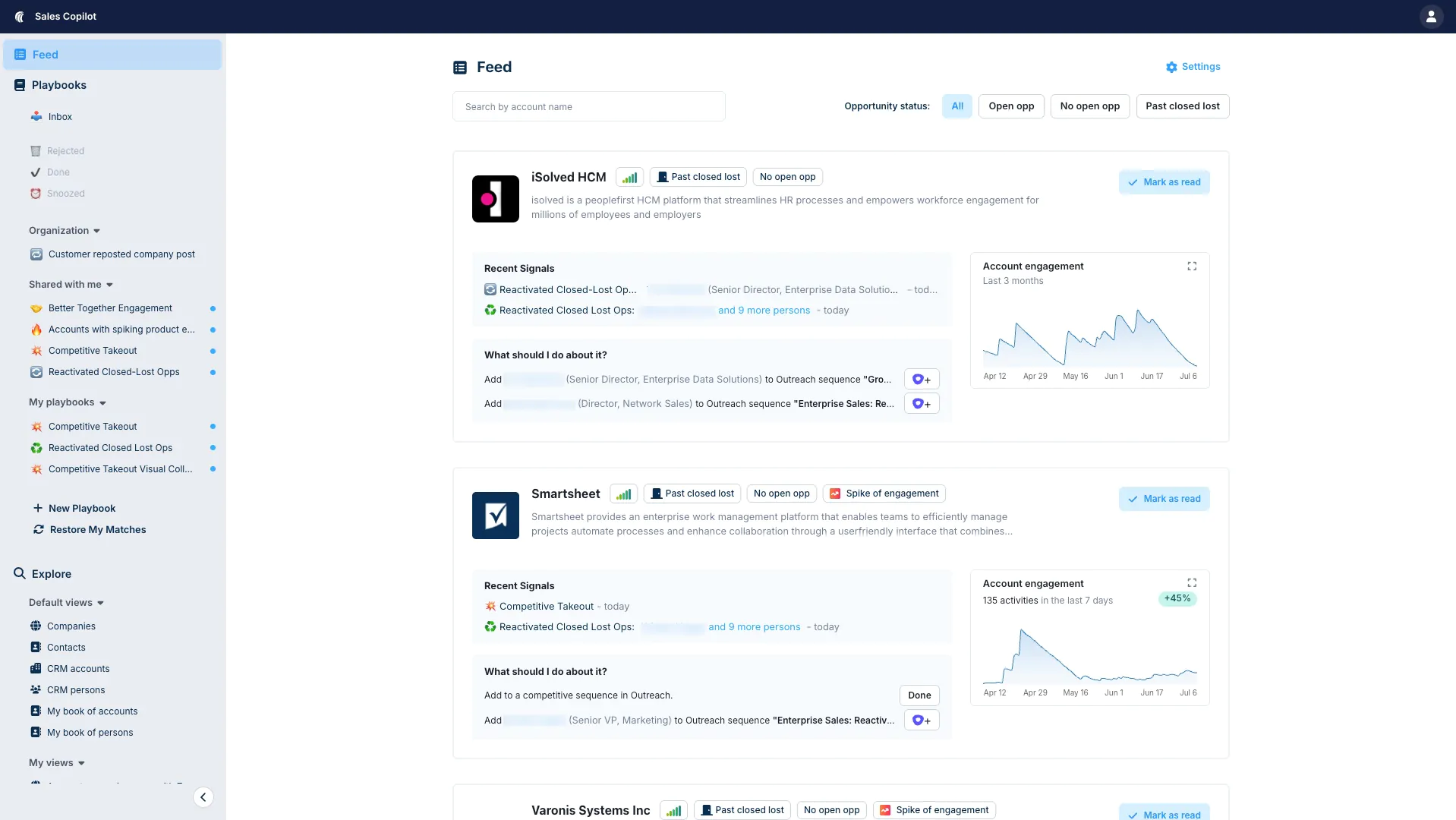 Sales Copilot daily signal feed with ranked accounts