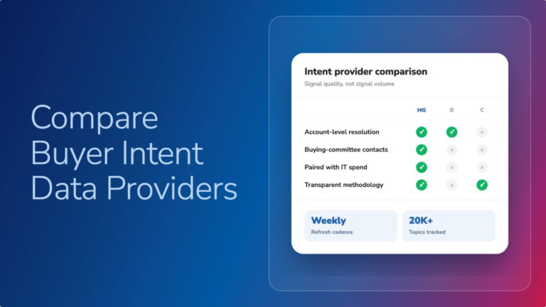 Intent provider comparison chart: HG Insights vs. two competitors across four signal quality criteria.
