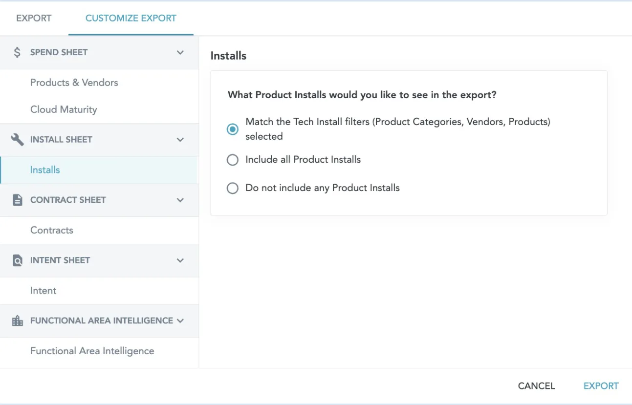 Customize Export dialog showing install, spend, contract and intent sheet options
