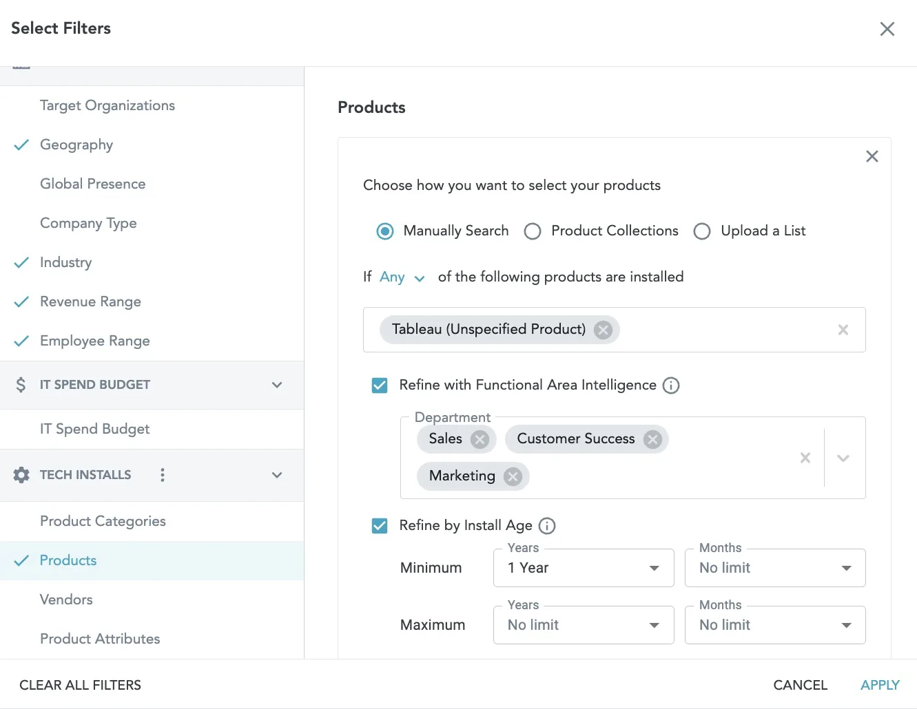 HG Insights account segmentation criteria setup showing technographic and firmographic filter options
