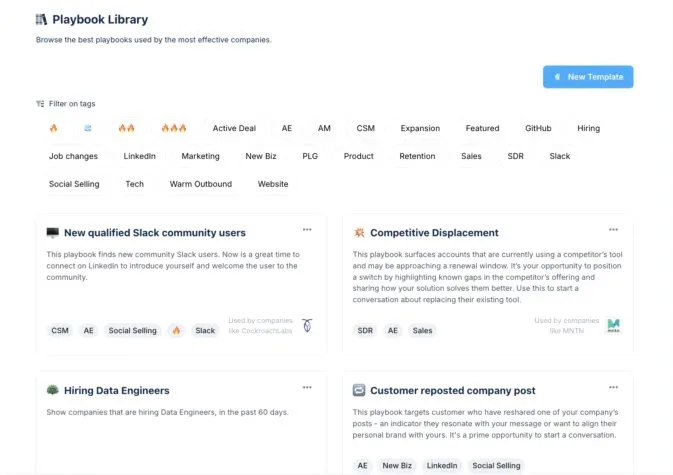 Playbook Library in Sales Copilot, showing signal-based playbooks tagged by persona and motion