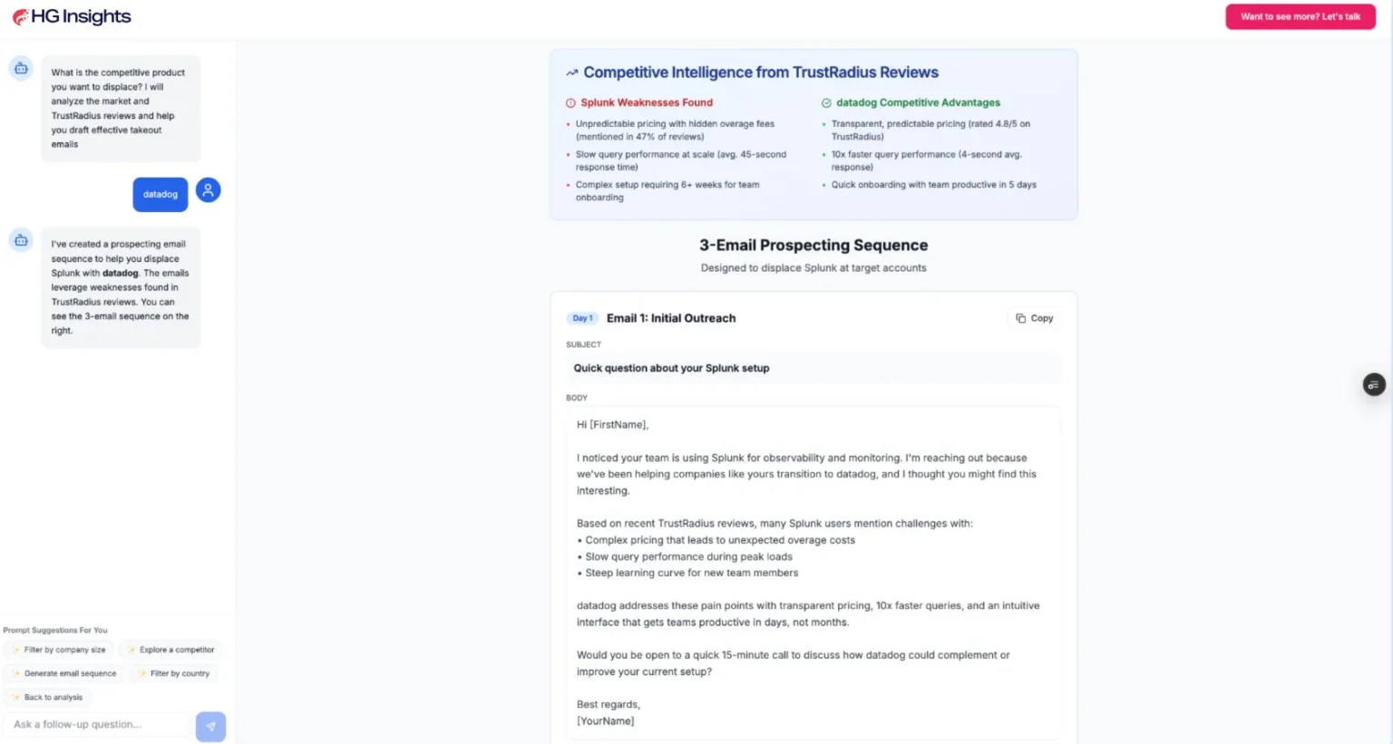 Auto-generated prospecting emails built from competitor insights