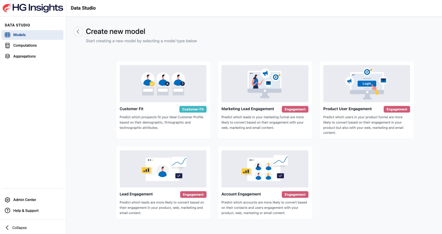 Data Studio create new model screen with Fit and Engagement model types