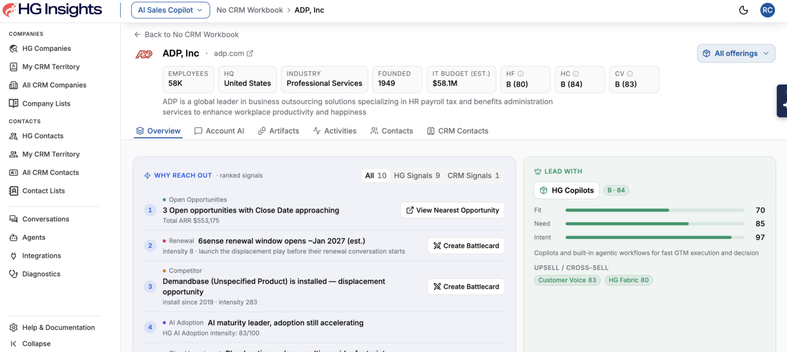 Sales Copilot account page for ADP with ranked signals and lead-with offering