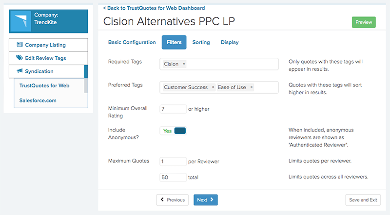 TrustQuotes filters for tagged quote selection