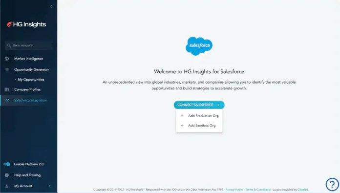 Connecting Salesforce to HG Insights from the Integrations screen