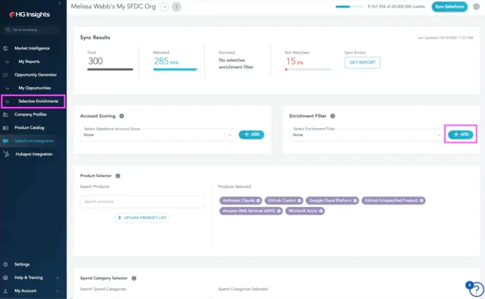 Setting and saving the enrichment filters that govern record matching